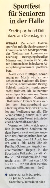 Zeitungsartikel in der TLZ über ein Sportfest für Senioren in der Halle